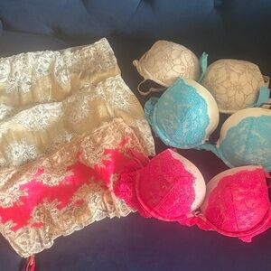 Victoria's Secret Lace Push-Up Bra Set in Hot Pink, Turquoise & Beige
